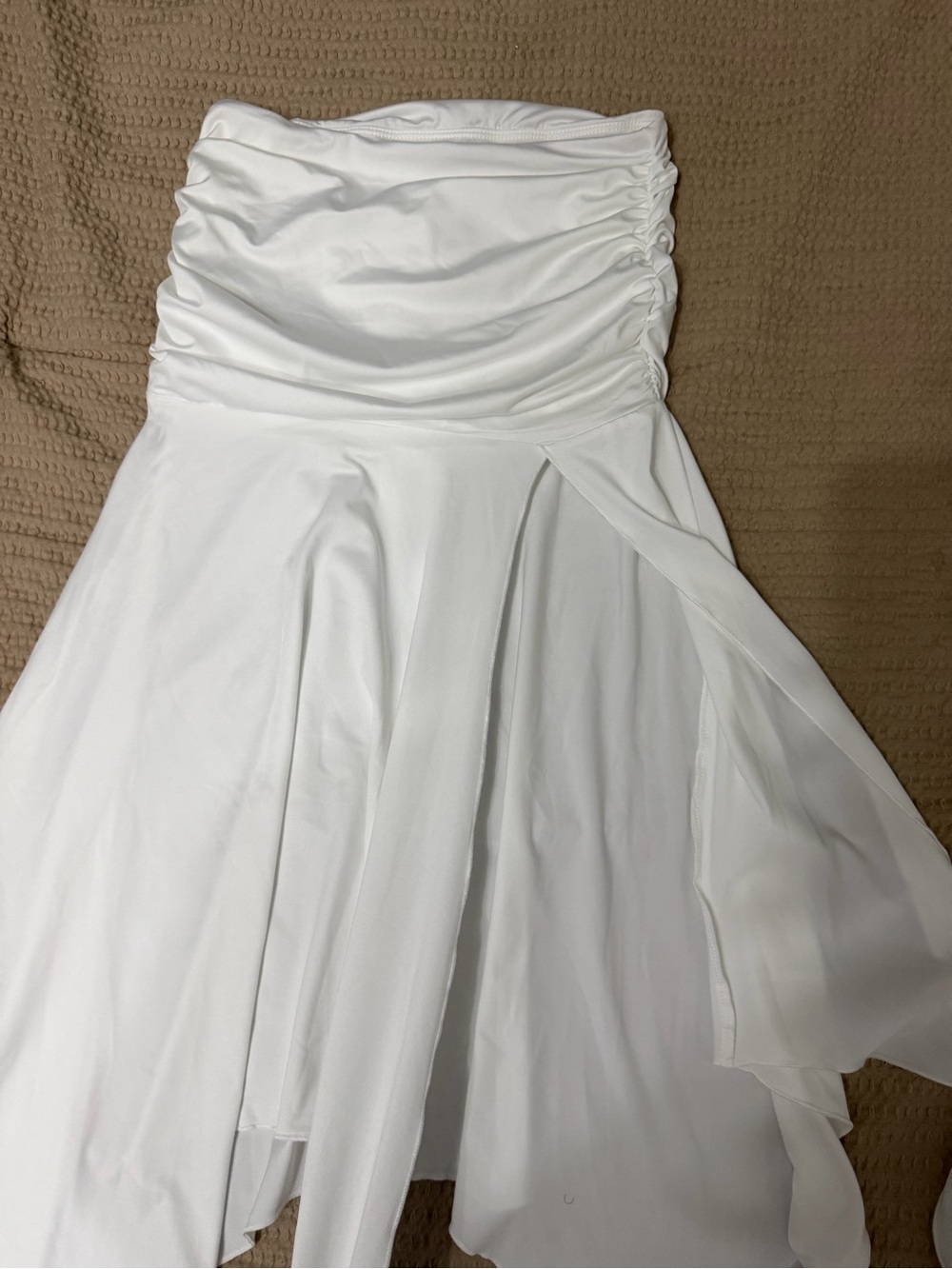 Strapless White Ruched Bodice A-Line Dress